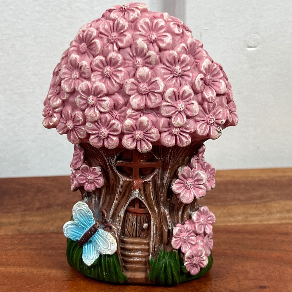 Pink Cherry Blossom Fairy House Resin Tree Trunk Butterfly Figurine 5.25"